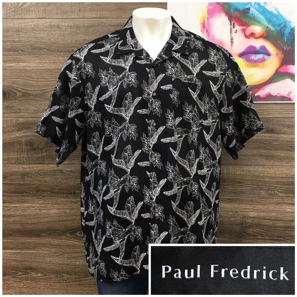 Paul Fredrick Mens XXL Black White Linen Tropical Leaf Camp Shirt Classic Fit